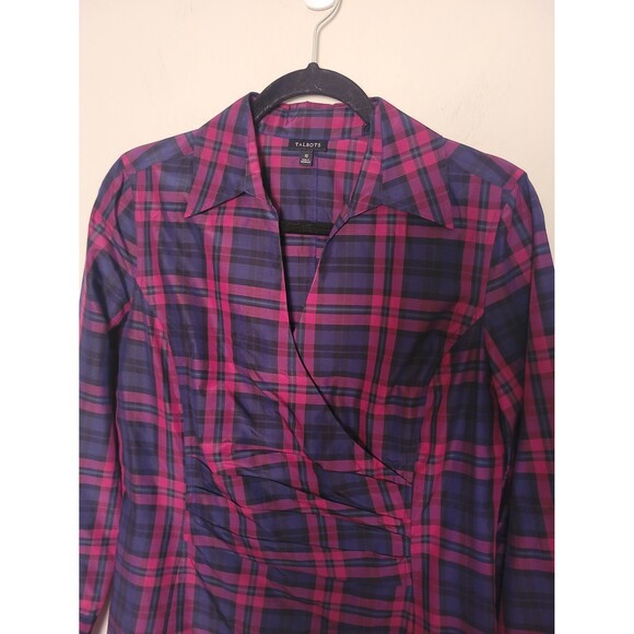 Talbots Silk Navy Pink Plaid Blouse Sz 10 Office Career Business Casual Preppy - Picture 4 of 9
